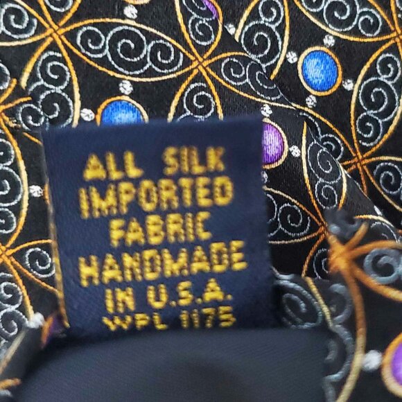 Faberge Mens Silk Neck Tie Blue and Purple Pearls with Black Filigree Print USA - Picture 6 of 8